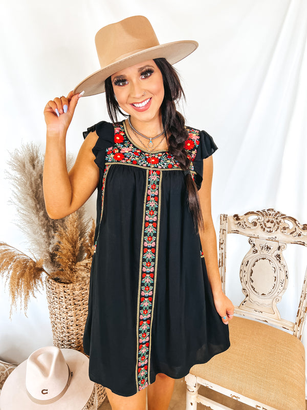 Enchanting Ways Embroidered Dress with Ruffle Cap Sleeves in Black