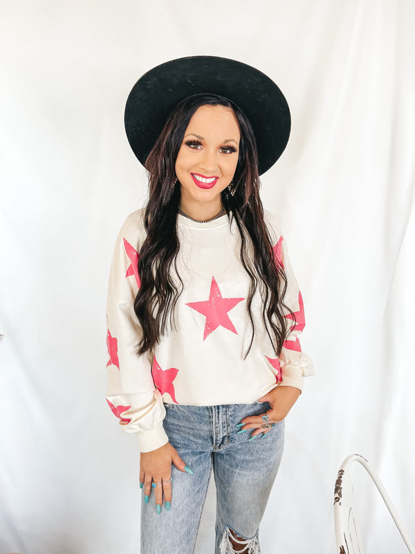 Stars and Kisses Long Sleeve Pullover Sweatshirt with Distressed Stars in Ivory