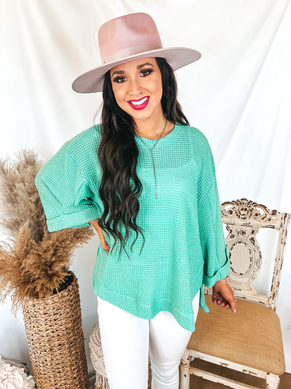 Buzz Of The Town Waffle Knit Wide Sleeve Top in Mint