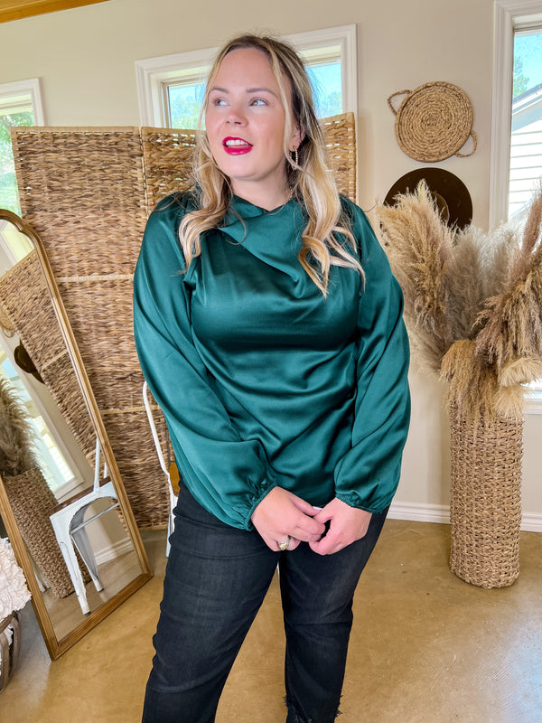 Afternoon in Asheville High Cowl Neck Long Sleeve Crepe Blouse in Emerald Green