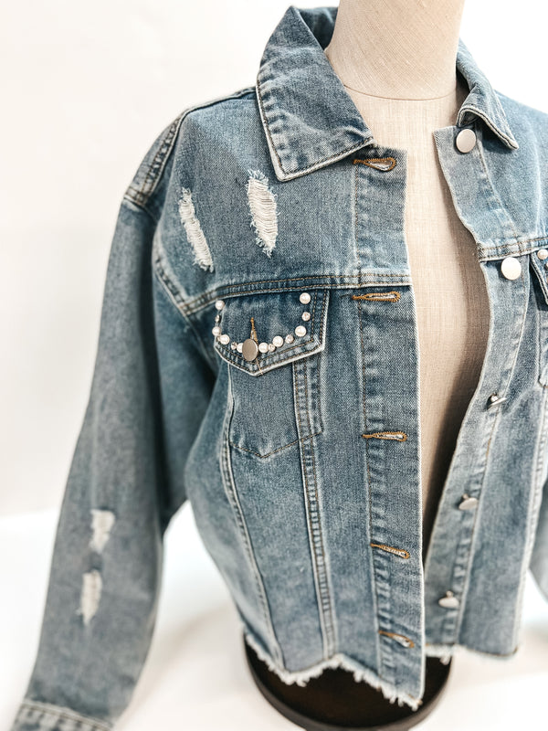 Better Than You Imagined Pearl and Crystal Beaded Denim Jacket in Medium Wash