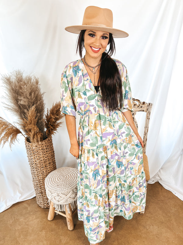 Sunset Shore V Neck Floral Maxi Dress in Lavender and Green