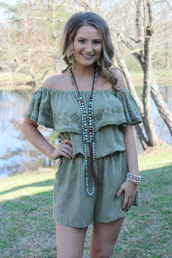Last Chance Size Medium | One To Remember Floral Embroidery Off Shoulder Romper in Olive
