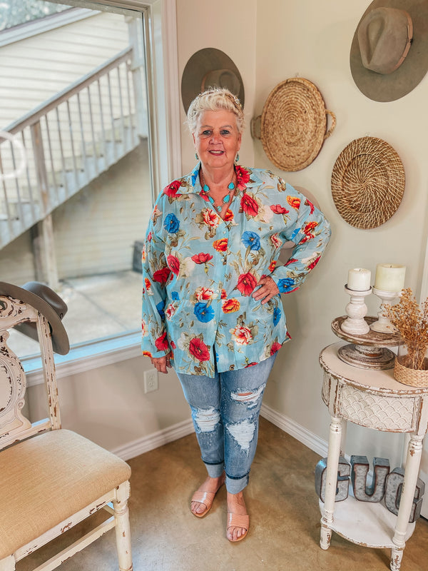 Be a Wildflower Floral Button Up Blouse with Collar in Aqua