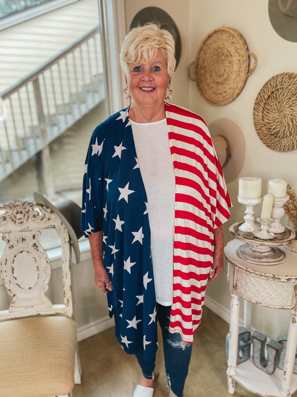 American Sweetheart Stars and Stripes Drop Sleeve Kimono in Red, White, and Blue