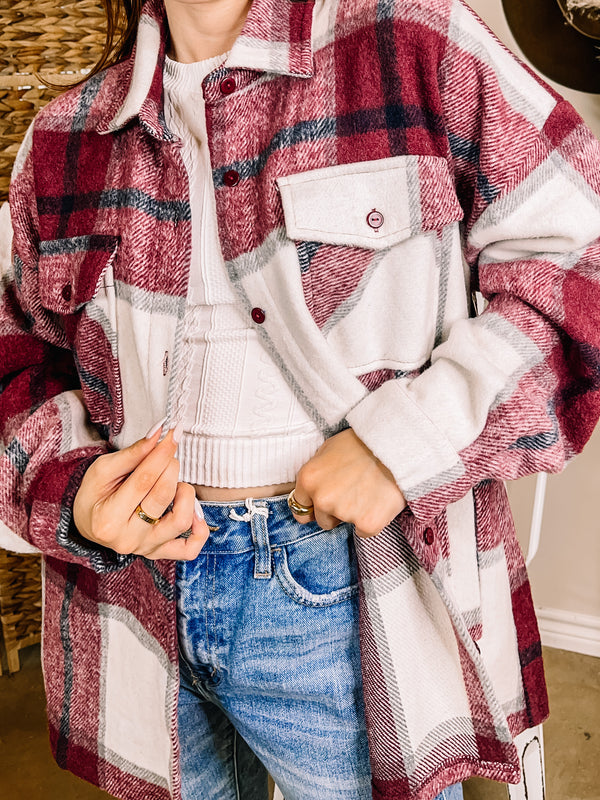 Cozy Memories Plaid Jacket with Front Pockets in Maroon