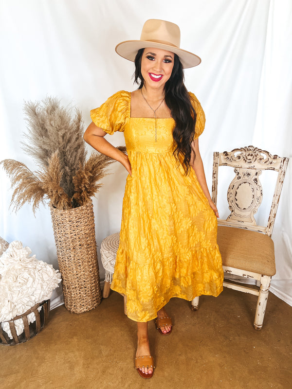 Summertime Sweetness Floral Embossed Midi Dress with Puff Sleeves in Yellow
