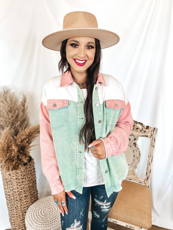 Style Mentor Color Block Button Up Jacket in Sage and Pink