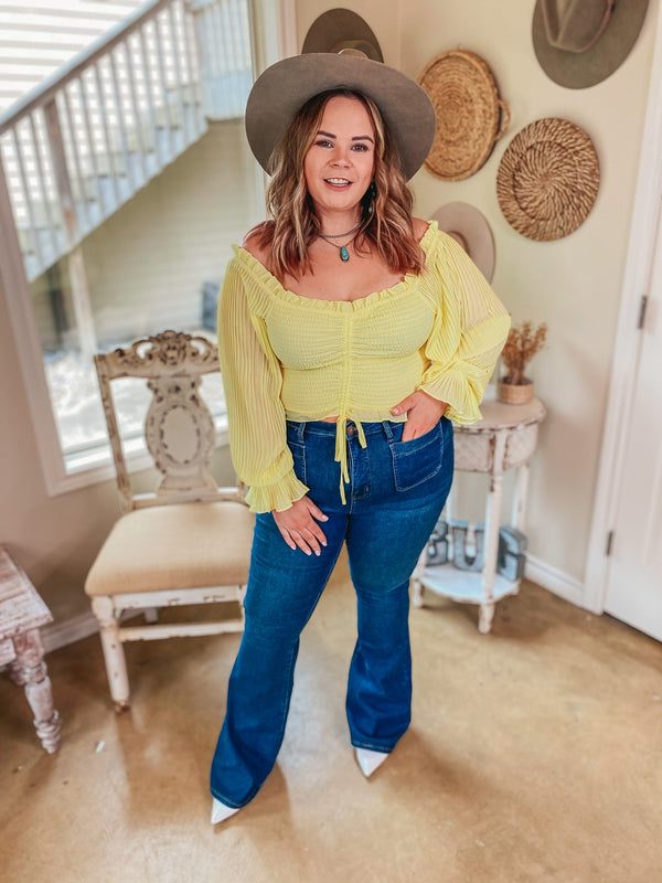 Sweet in SoCal Smocked Bodice Crop Top with Long Pleated Sleeves in Yellow