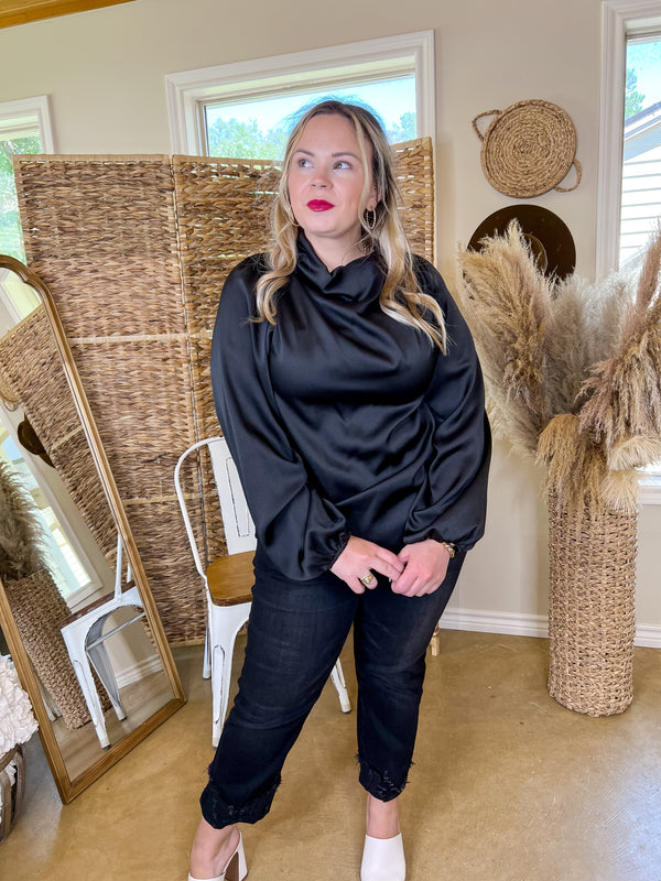Afternoon in Asheville High Cowl Neck Long Sleeve Crepe Blouse in Black
