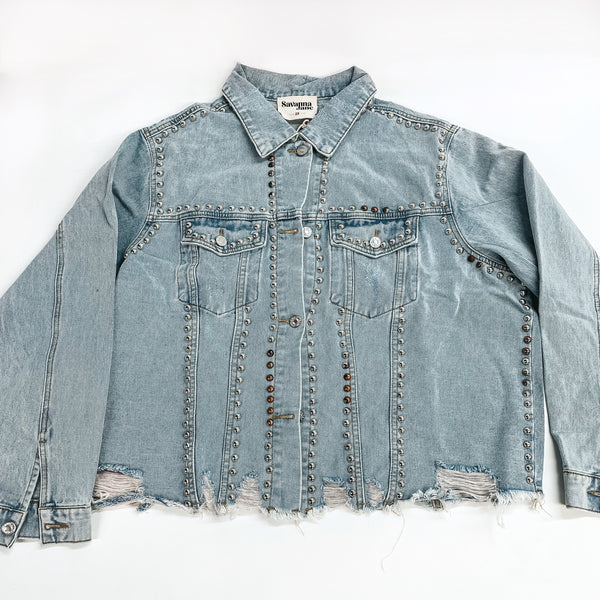 Blemished Size 2XL Jean Jacket | Instantly Impressed Cropped Denim Jacket with Silver Studs in Light Wash