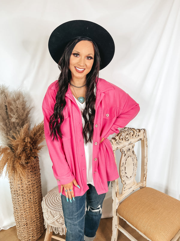 Say Less Button Up Knit Shacket in Fuchsia Pink