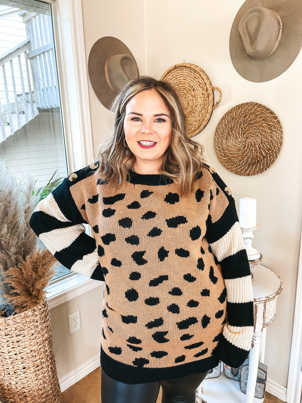 Spotted in Aspen Dotted Sweater with Striped Sleeves and Buttons in Mocha and Ivory