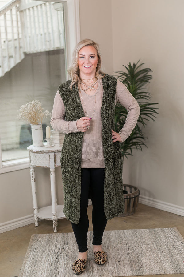 Easy Days Long Chenille Knit Vest with Hood in Olive Green
