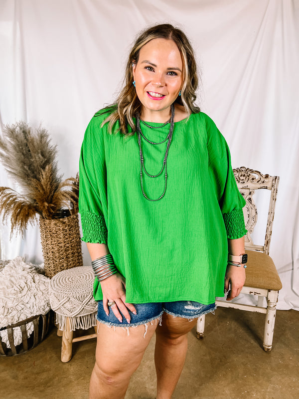 Growing and Glowing Smocked 3/4 Sleeve Oversized Blouse in Green
