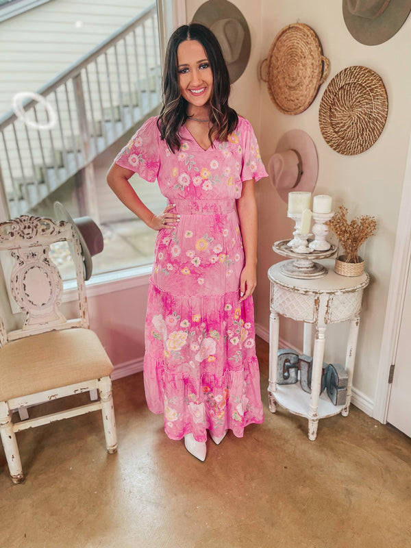 Pretty in Paradise Tie Dye Ruffle Tiered Maxi Dress with Floral Embroidery in Pink