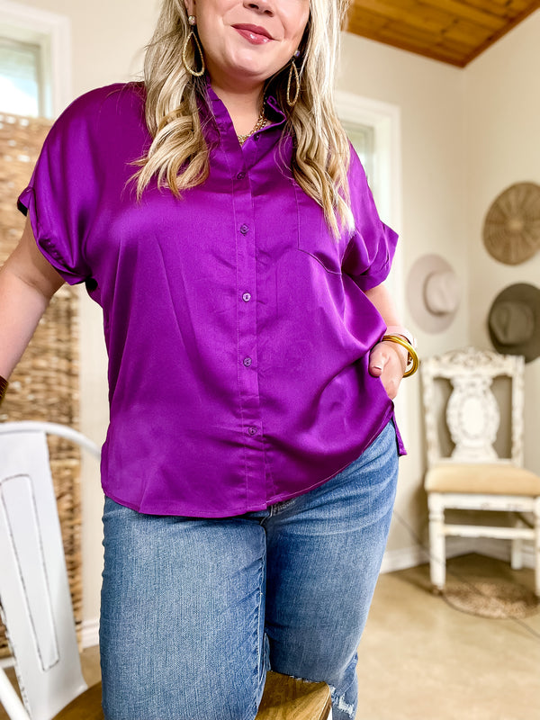 Free To Be Fab Button Up Short Sleeve Top in Purple