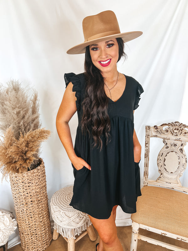 Capture Your Attention V Neck Dress with Ruffle Cap Sleeves in Black