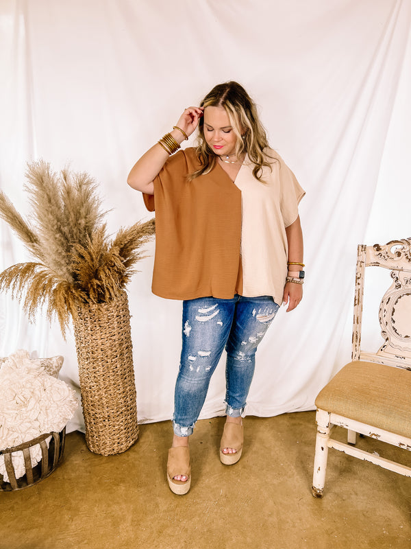 Weekend Out V Neck Placket Color Block Short Sleeve Top in Beige and Clay Brown