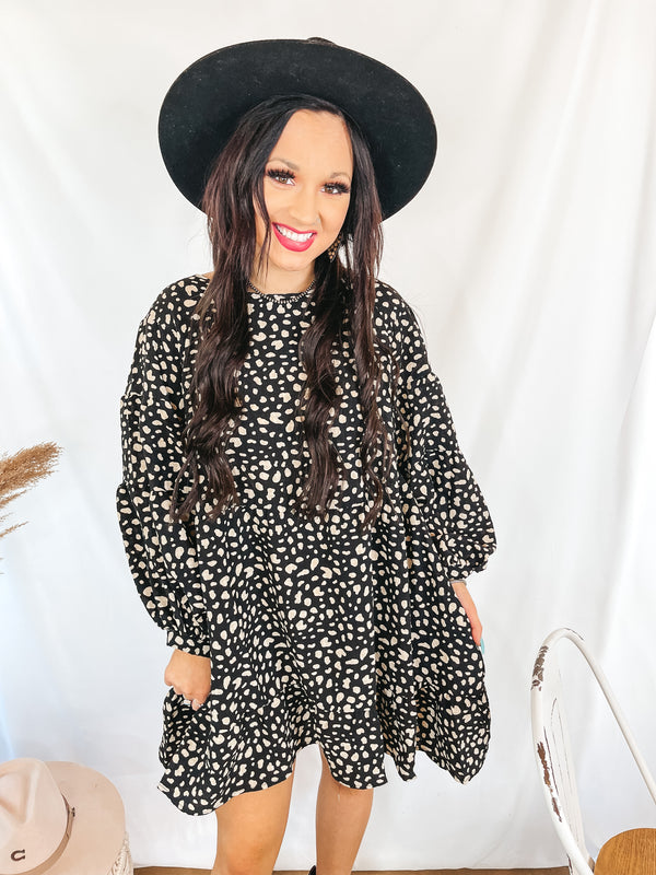 Just Like Magic Dotted Babydoll Dress with Balloon Sleeves in Black