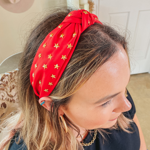 Gold Star Detailed Headband in Red