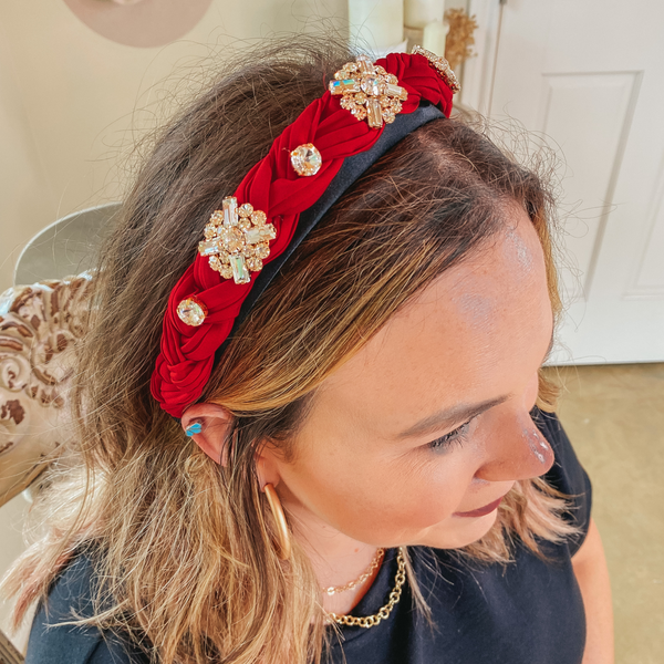 Jewel Detailed Braided Headband in Red