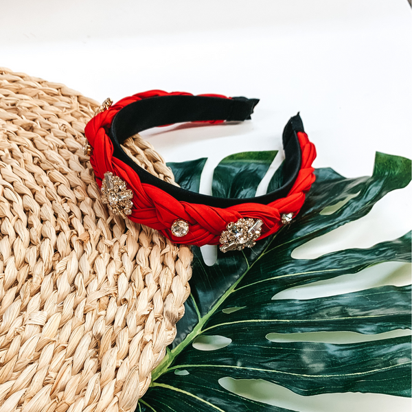 Jewel Detailed Braided Headband in Red
