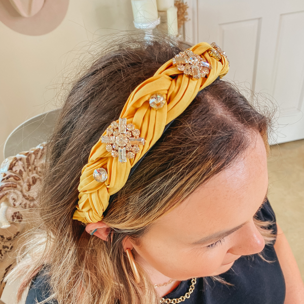 Jewel Detailed Braided Headband in Mustard