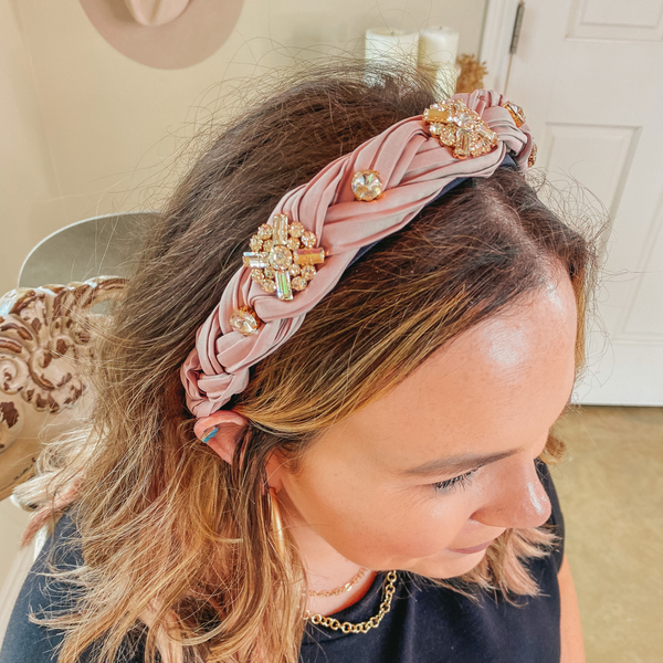 Jewel Detailed Braided Headband in Light Pink