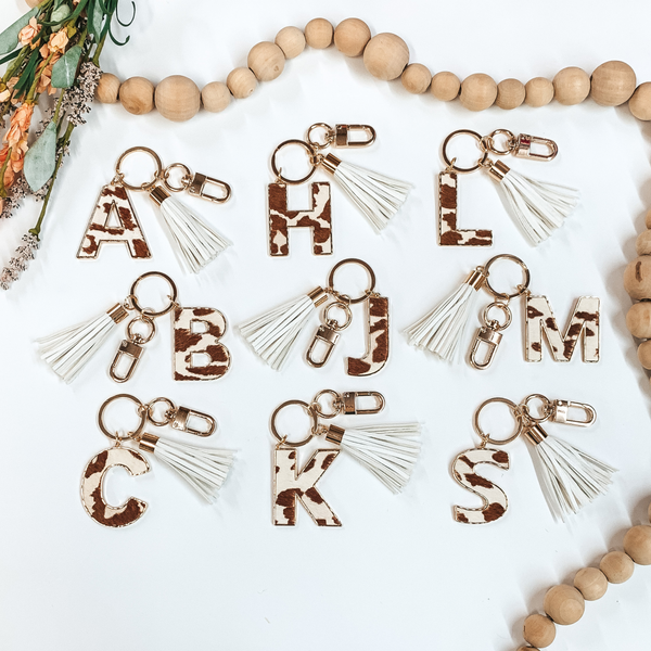 Cowhide Genuine Leather Initial Keychains in Gold