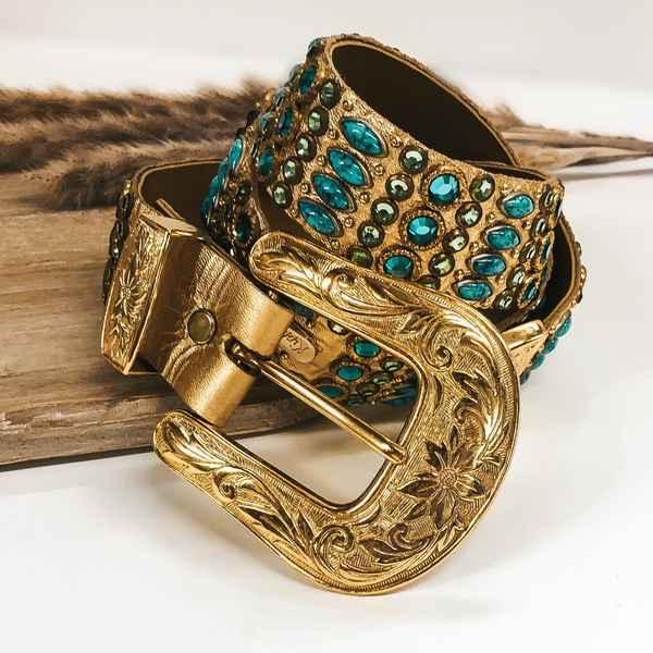 Kippys | Cascade Gold Leather Belt and Buckle with Blue and Green Crystals
