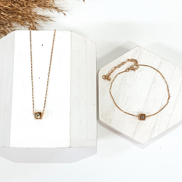 Initial Box Charm Necklace and Bracelet Duo in Gold
