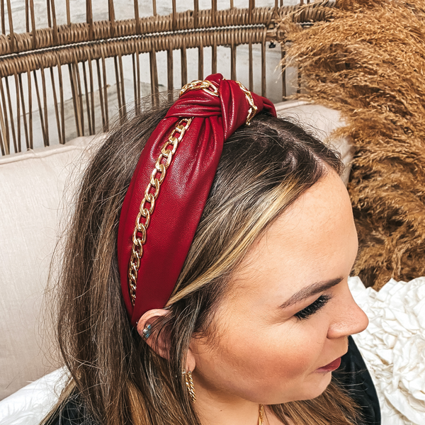 Twisted Headband with Gold Chain in Red