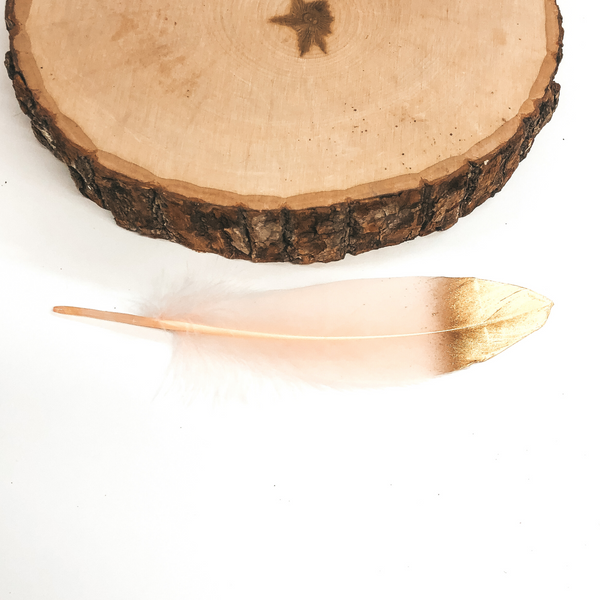 This a pale pink feather with a metallic gold tip. This feather was pictured on a whtie background with a piece of wood at the top of the picture. 