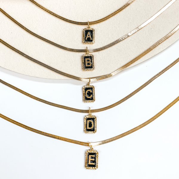 Gold Snake Chain Necklace with Rectangle Initial Pendant in Black