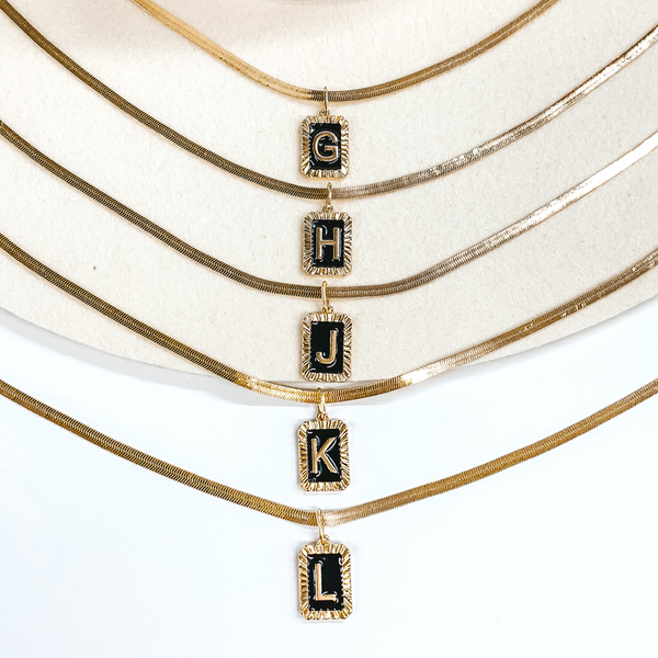 Gold Snake Chain Necklace with Rectangle Initial Pendant in Black