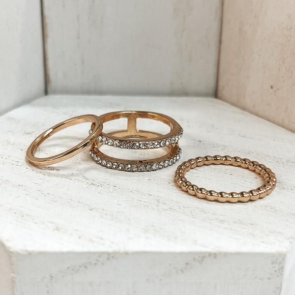 Set of 5 | Multi Textured Ring Set in Gold with Clear CZ Crystals