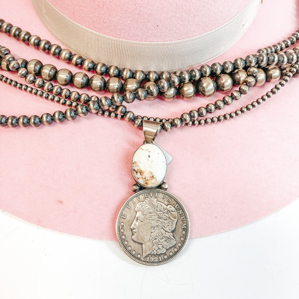 Betta Lee | Navajo Handmade Sterling Silver Silver Dollar Coin Pendant with White Buffalo Stone