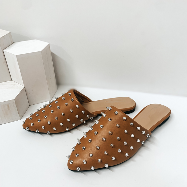 Uptown Girl Silver Spiked Slide On Mules in Tan
