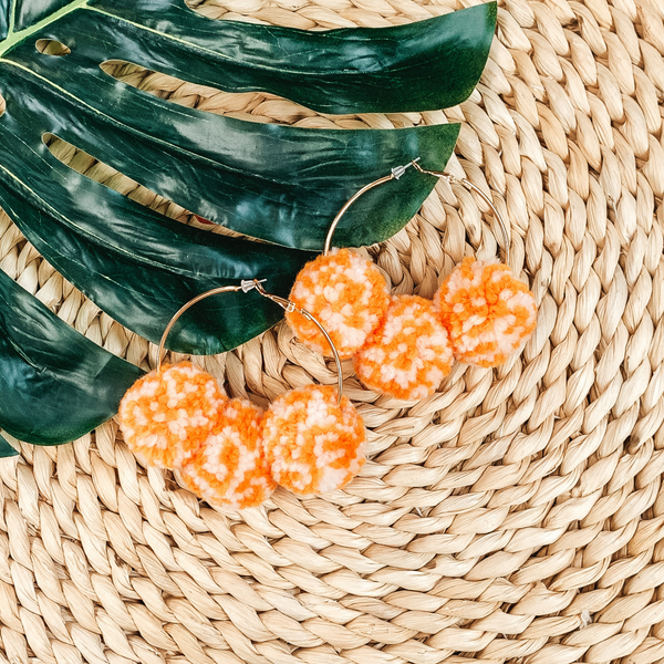 Pom Pom Hoop Earrings in Orange/White