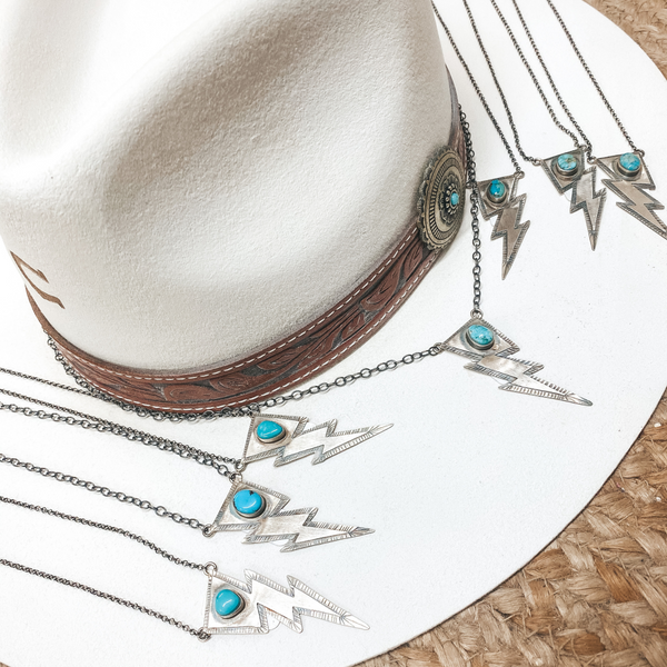 Scott Skeets | Navajo Handmade Sterling Silver Necklace with Lightning Bolt Pendant and Turquoise Stone