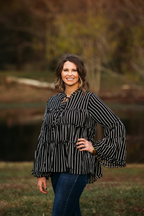 Impressive Touch Striped Bell Sleeve Tiered Blouse in Black