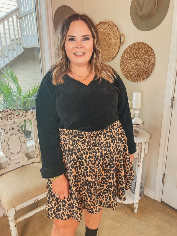 Plus Size | Swing into Fall Leopard Print Drawstring Swing Skirt in Camel and Black