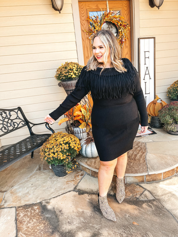 A Night in Vail Fringe Fitted Sweater Dress in Black