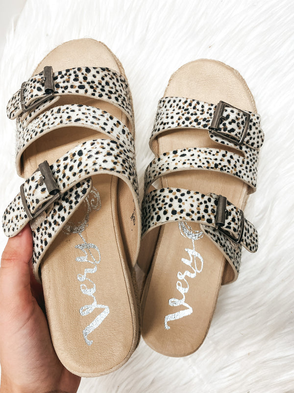 Very G | Traveling Places Strappy Faux Hide Platform Sandals with Buckles in Dotted Beige