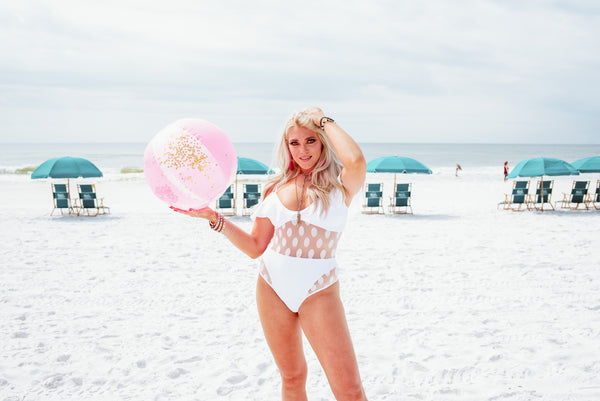 Sea You There Cold Shoulder One Piece Swimsuit with Dotted Mesh Middle in White