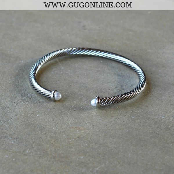 4mm Silver Cable Bracelet with Pearl Cabochon Ends