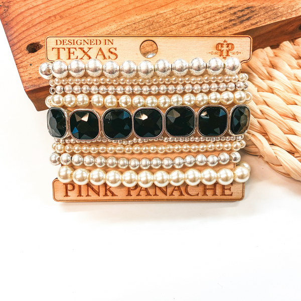 Pink Panache | Silver and Pearl Mix Bracelet Set in Black