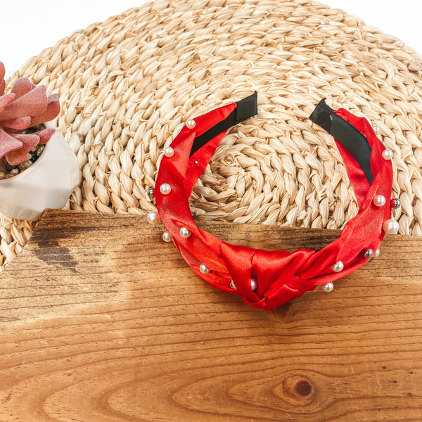 Pearl and Silver Beaded Detailed Headband in Red