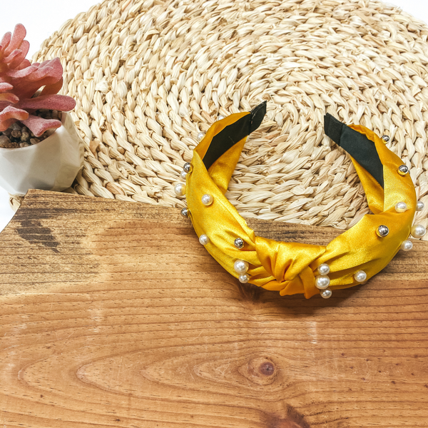 Pearl and Silver Beaded Detailed Headband in Mustard Yellow